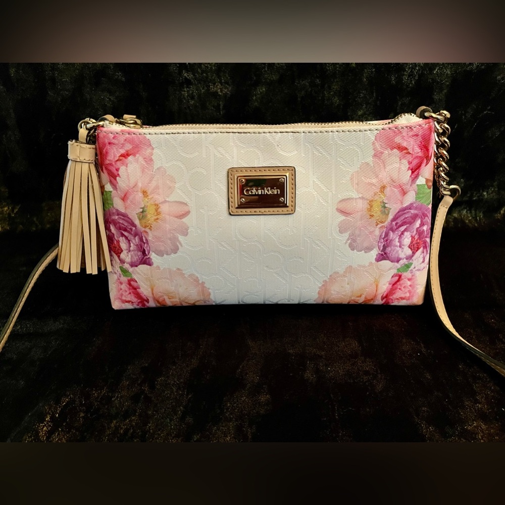 Calvin Klein Floral Embossed Leather Tassel Crossbody Bag 11”x6”x2”
